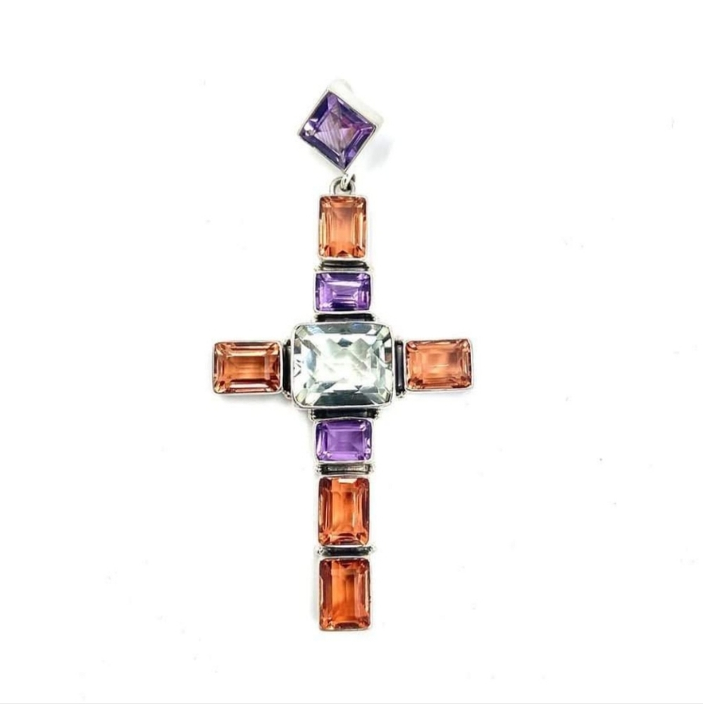 Nicky Butler 925 Sterling Silver Quartz Cross Pendant Amethyst Prasiolite NB